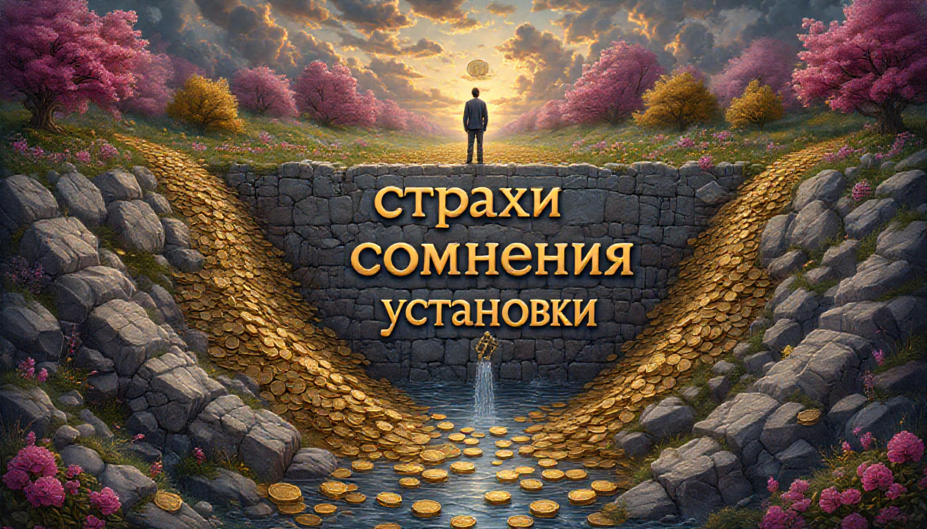 Денежная настройка сознания - визуальная метафора внутренних блоков, мешающих денежному потоку.