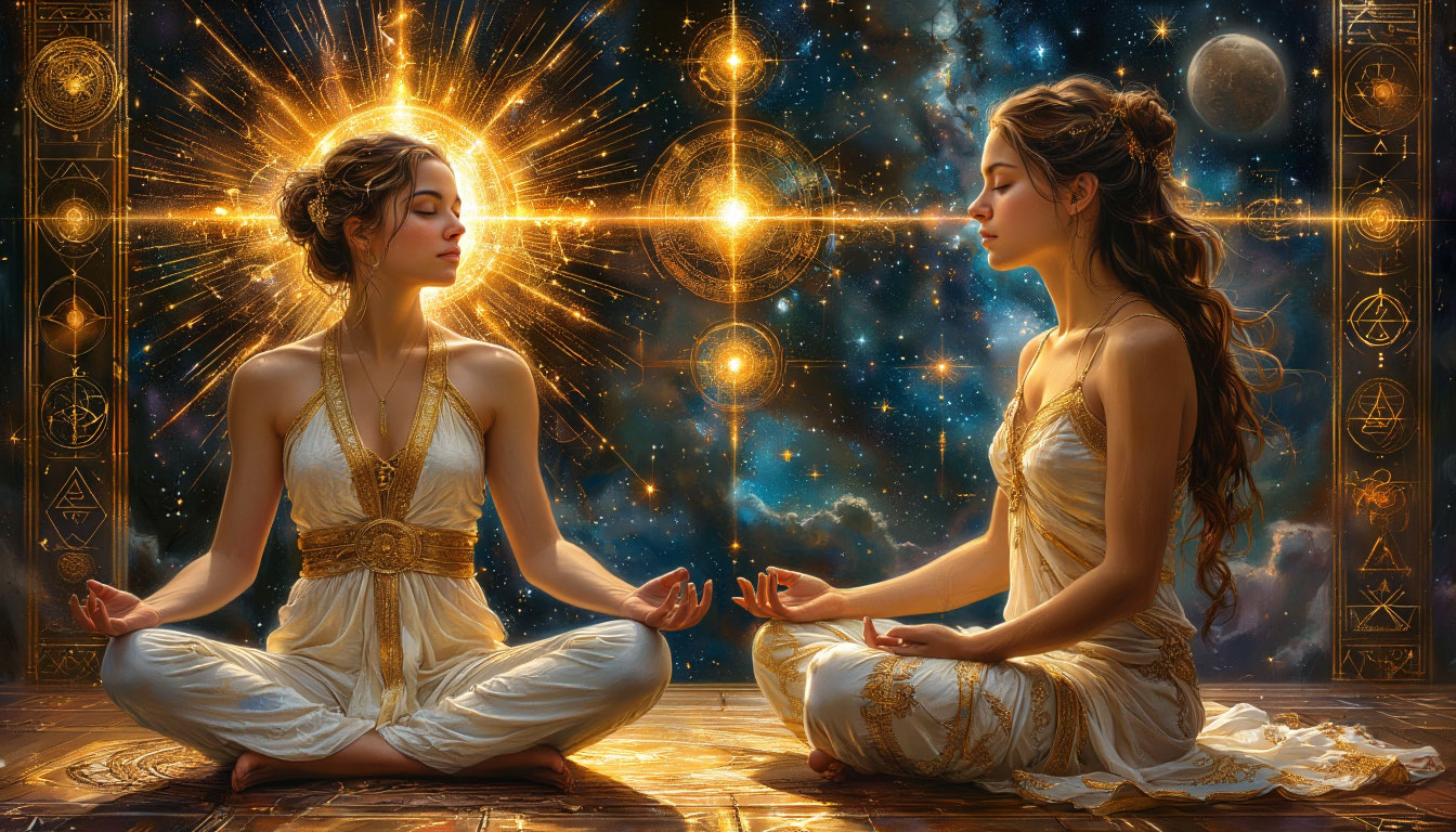 Визуализация баланса между эго и душой как соединение сияющей духовной сущности и структурированного земного «я».