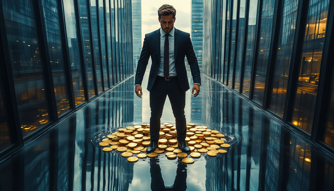 Успешный мужчина борется с ощущением недостойности, которое символизирует темное отражение, тянущее его вниз с вершины успеха.