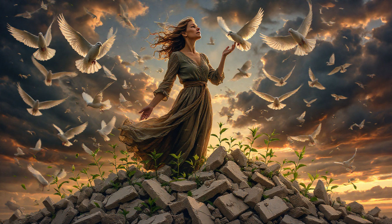 Осознанное развитие личности: женщина, поднимающаяся по лестнице из знаний и отпускающая птиц из сети оправданий.