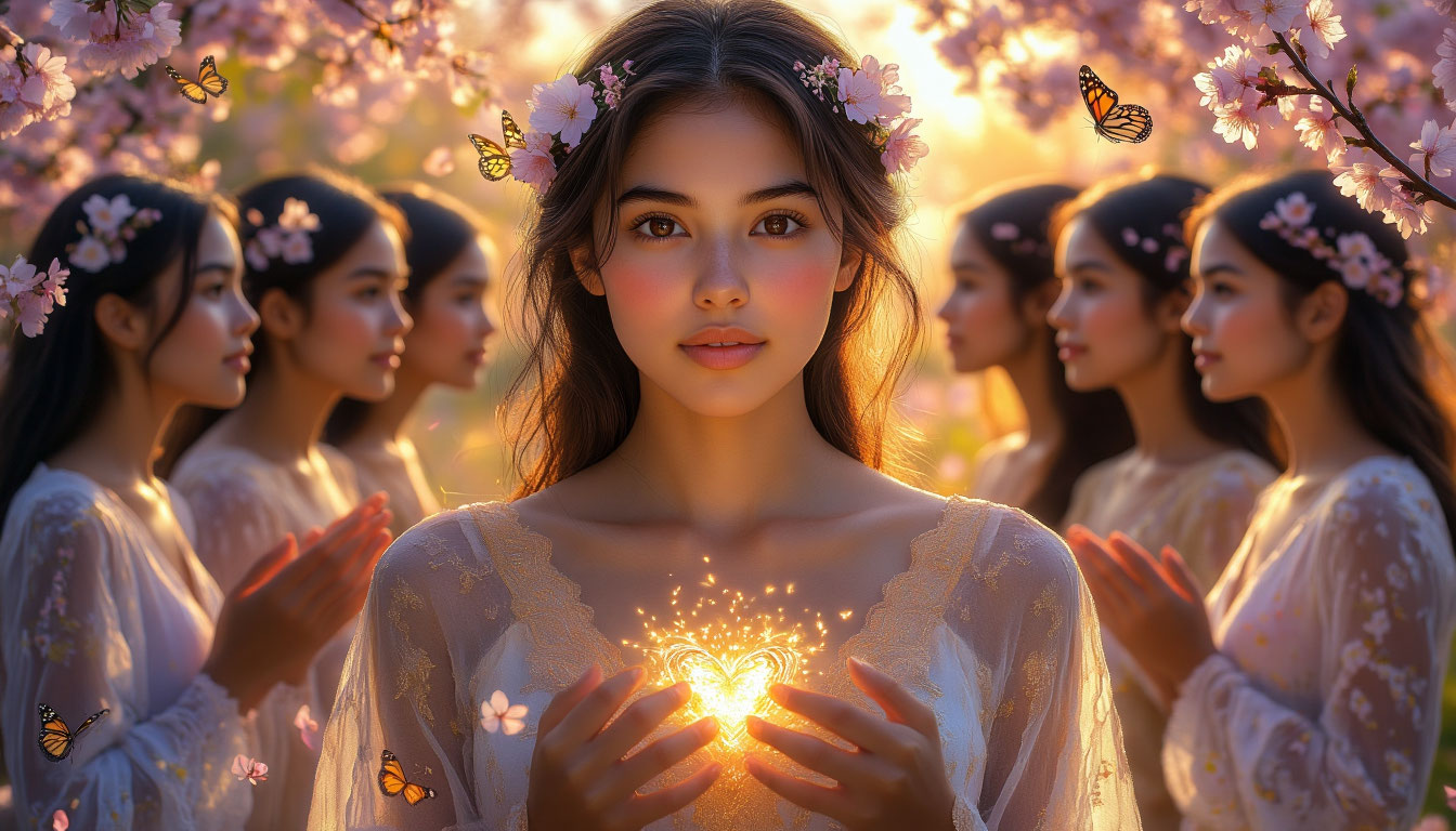 Женская осознанность и сила внутреннего света 🌸 Воплощение женской осознанности: излучающая внутренний свет женщина как символ духовной силы и сердечной мудрости.