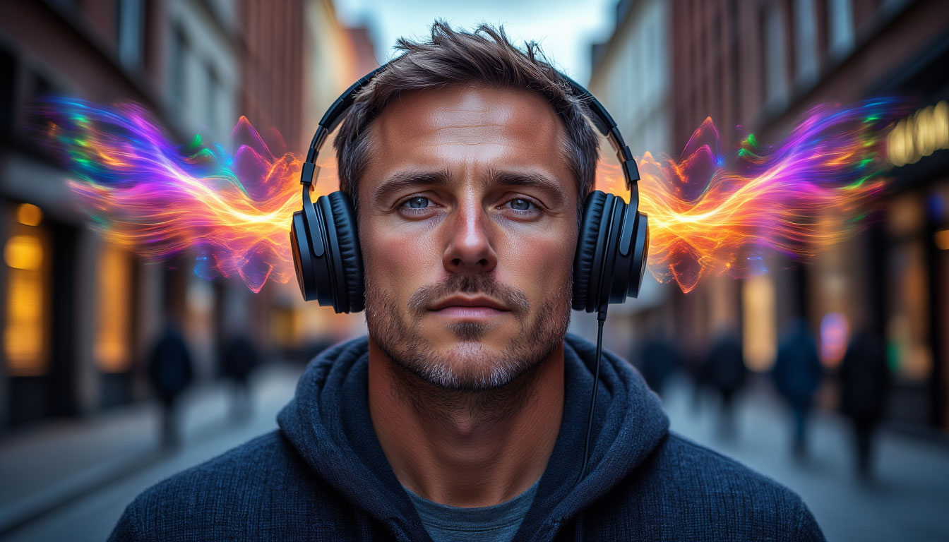 🌌 Звуки, которые меняют мышление Мужчина испытывает воздействие звуков, которые меняют мышление, преобразуя хаотичные мысли в упорядоченные структуры.