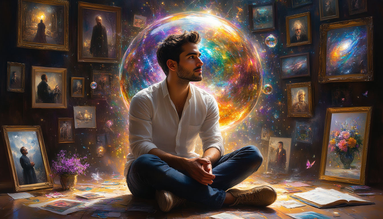 Мужчина в центре сияющей сферы, визуализирующей концепцию "Настоящее — единственная реальность", где рождаются чудеса.