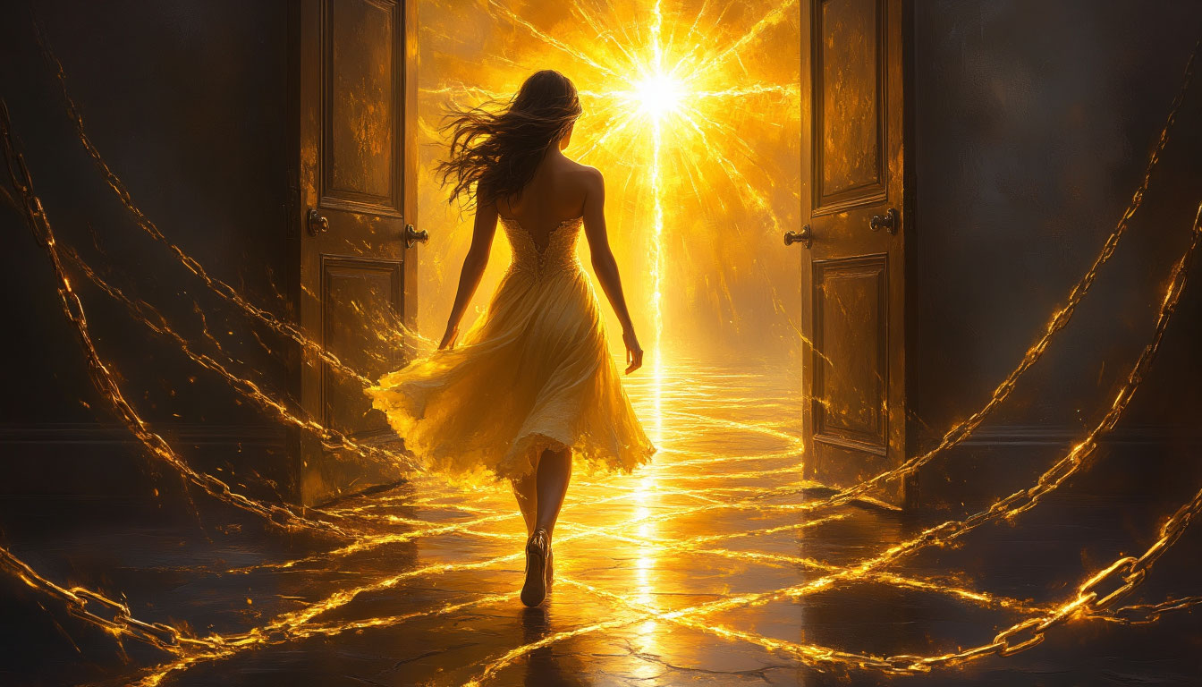 Визуализация пути к уверенности: женщина, преодолевающая страх через внутреннюю силу и решительный шаг вперед.