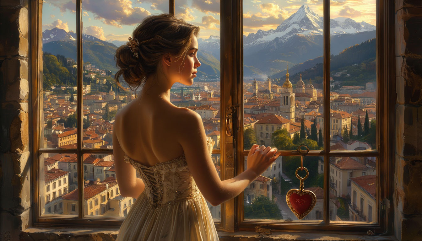 Визуальная метафора того, как свобода начинается с любви к себе: женщина, находящая ключ к освобождению в своем отражении.