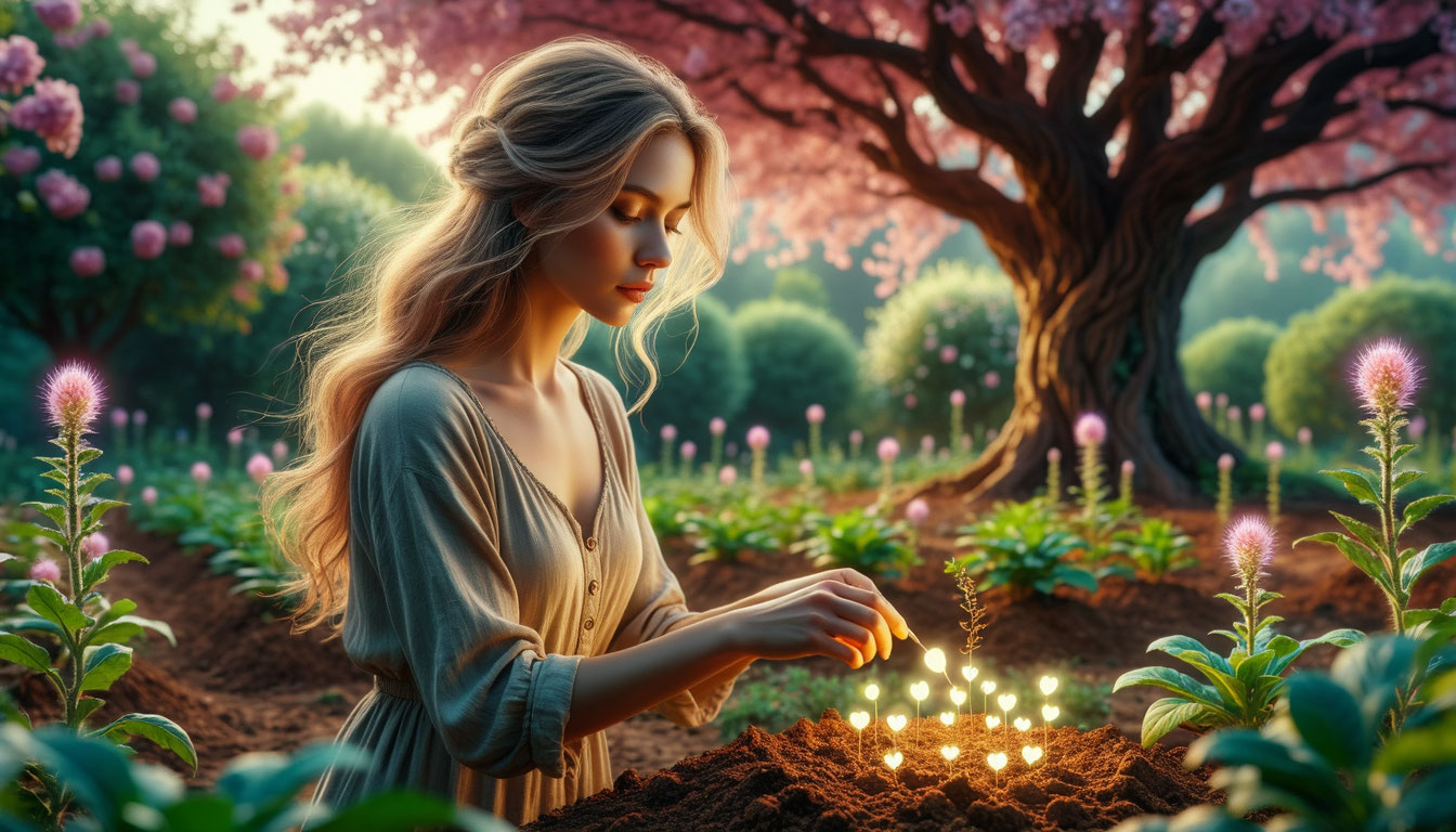 Женщина сажает семена мыслей в саду подсознания, визуализируя идею "что посеешь, то и вырастет".