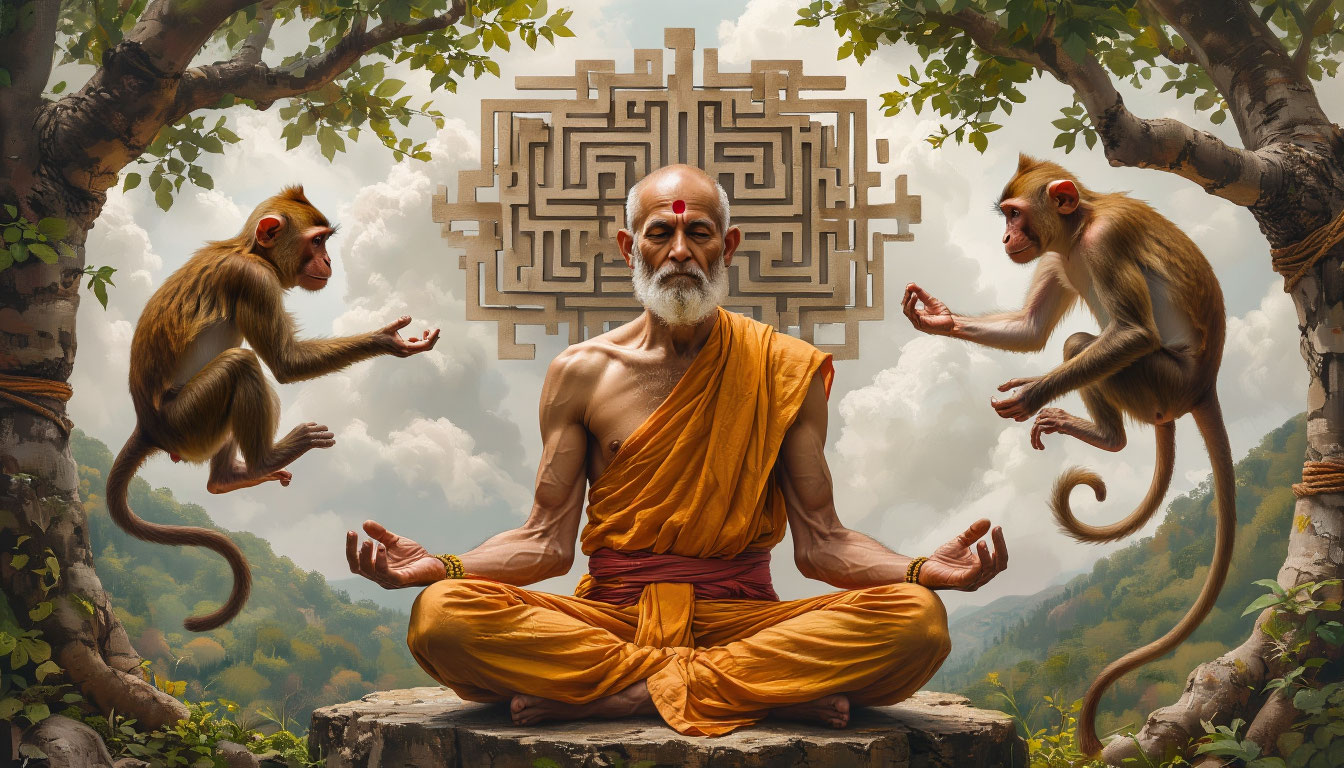 Мудрец объясняет, что такое карма, сравнивая простые действия обезьяны со сложным путем развития человека.