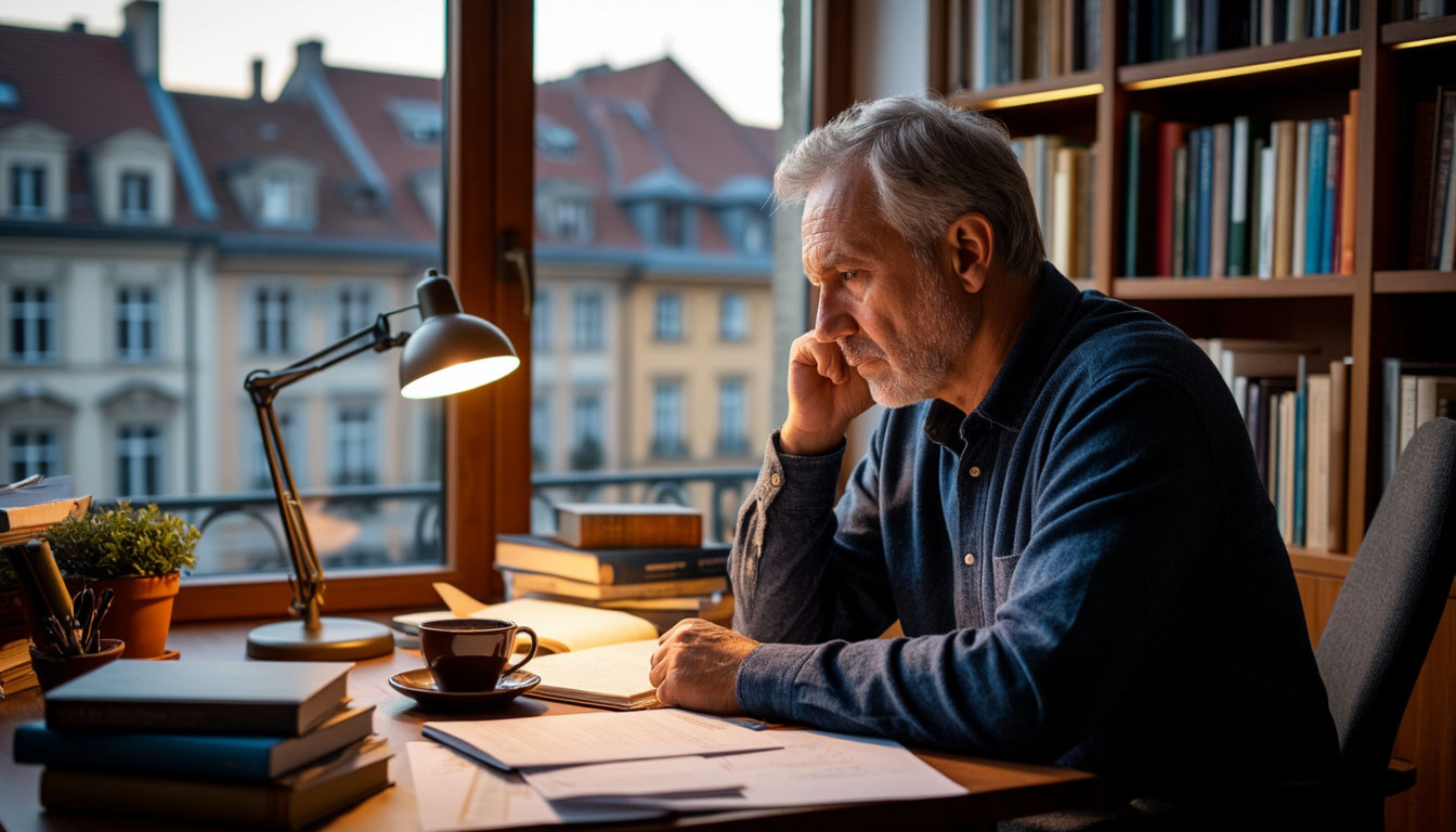 Почему вы устаете даже когда ничего не делаете: уставший мужчина в кабинете с балконом, вид на старый город вечером.