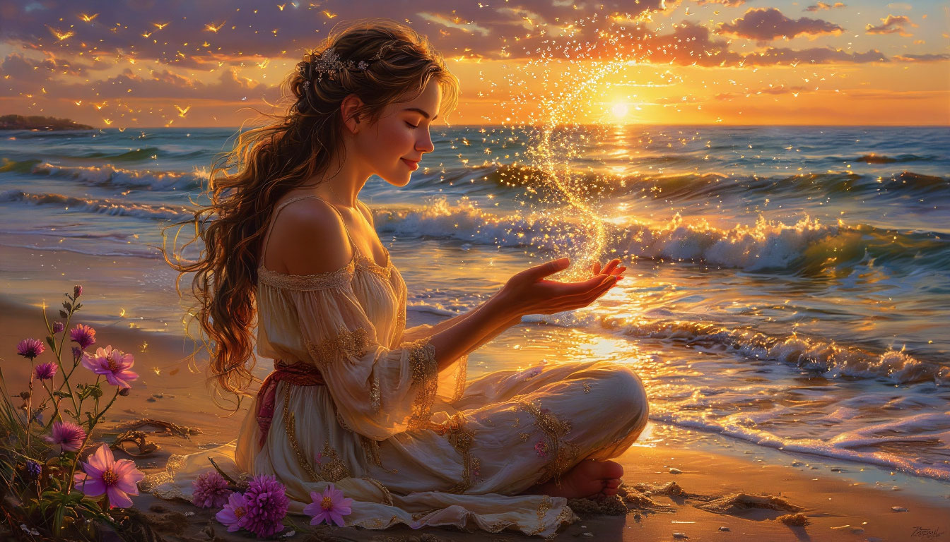 Практика благодарности: женщина на берегу моря излучает волну благодарности за простые моменты жизни.