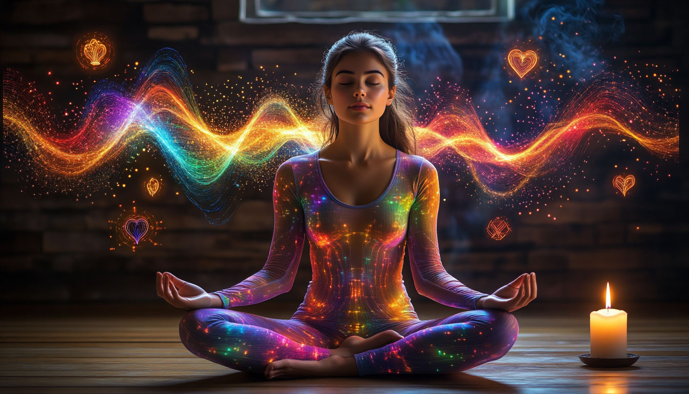 Визуализация процесса поднятия вибраций у женщины, с проекцией научных изменений в нервной системе и мозге.