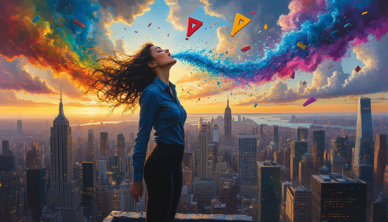 Крик в пустоту: терапия души 🔥 Крик в пустоту: женщина на нью-йоркской крыше выпускает волну цвета и звука, освобождаясь от тревоги и напряжения.