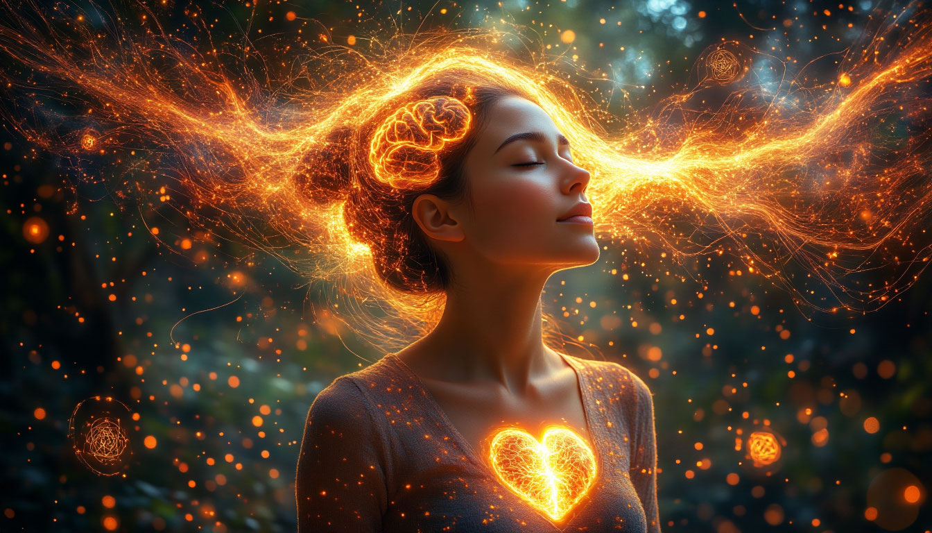 Влияние благодарности на мозг и нервную систему: свет из сердца женщины трансформирует нейронную сеть в сияющую гармоничную структуру.